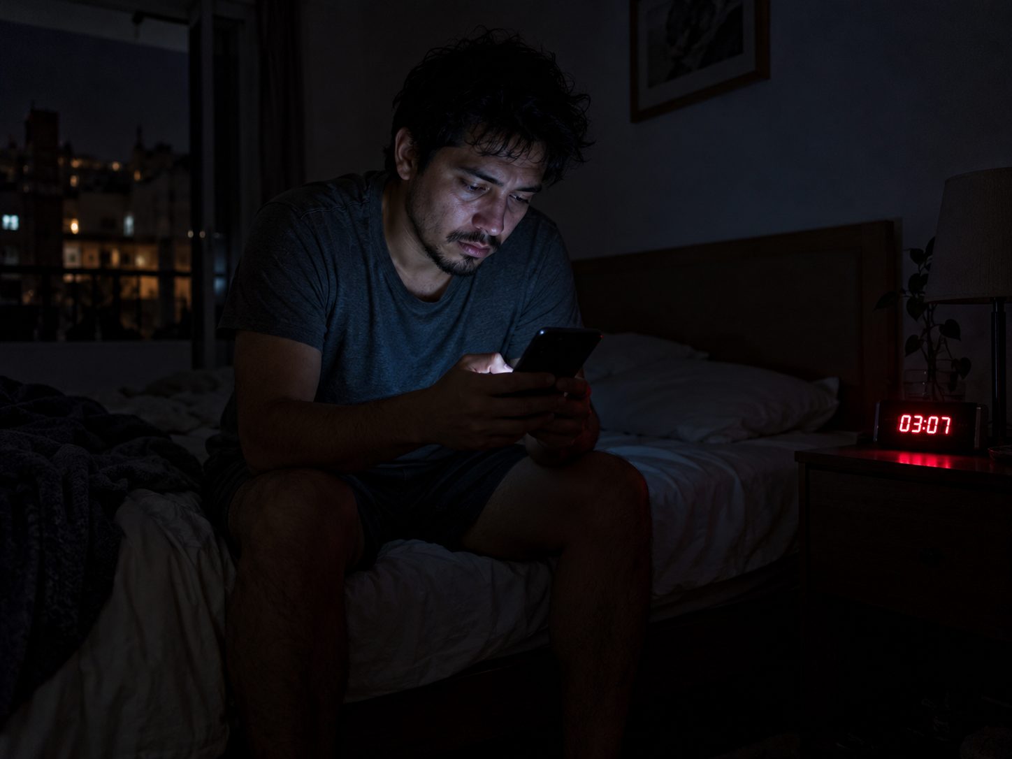 Un hombre sentado en la cama a las 03:07, mirando el móvil a oscuras.